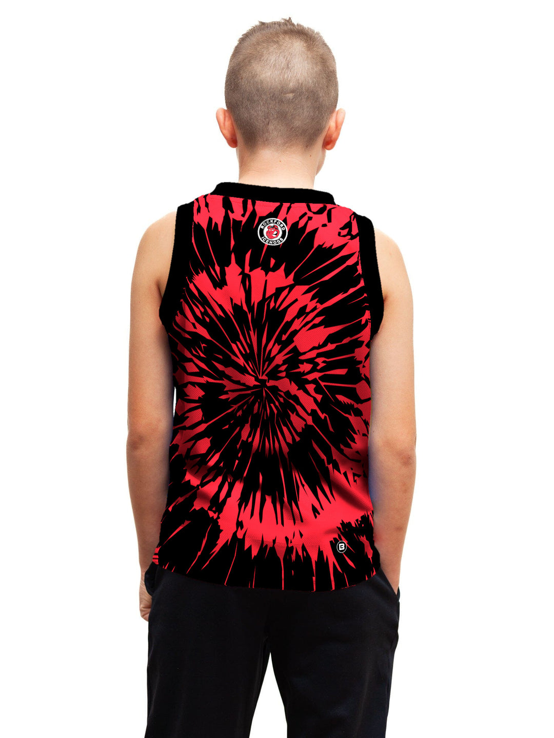 Youth model wearing the Bench Clearers Rockford IceHogs Tie-Dye Youth Hockey Tank - back view
