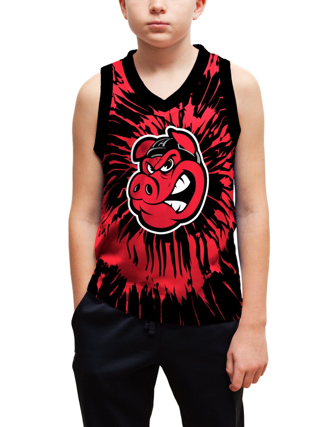 Youth model wearing the Bench Clearers Rockford IceHogs Tie-Dye Youth Hockey Tank - front view, hand in pocket