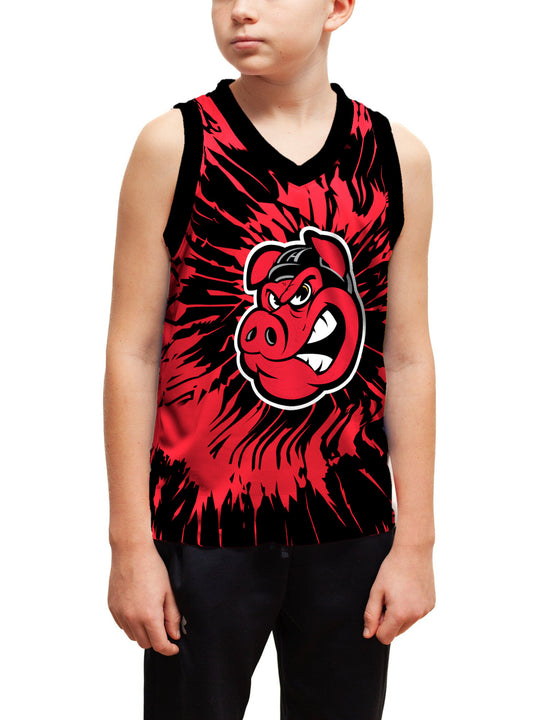 Youth model wearing the Bench Clearers Rockford IceHogs Tie-Dye Youth Hockey Tank - front view