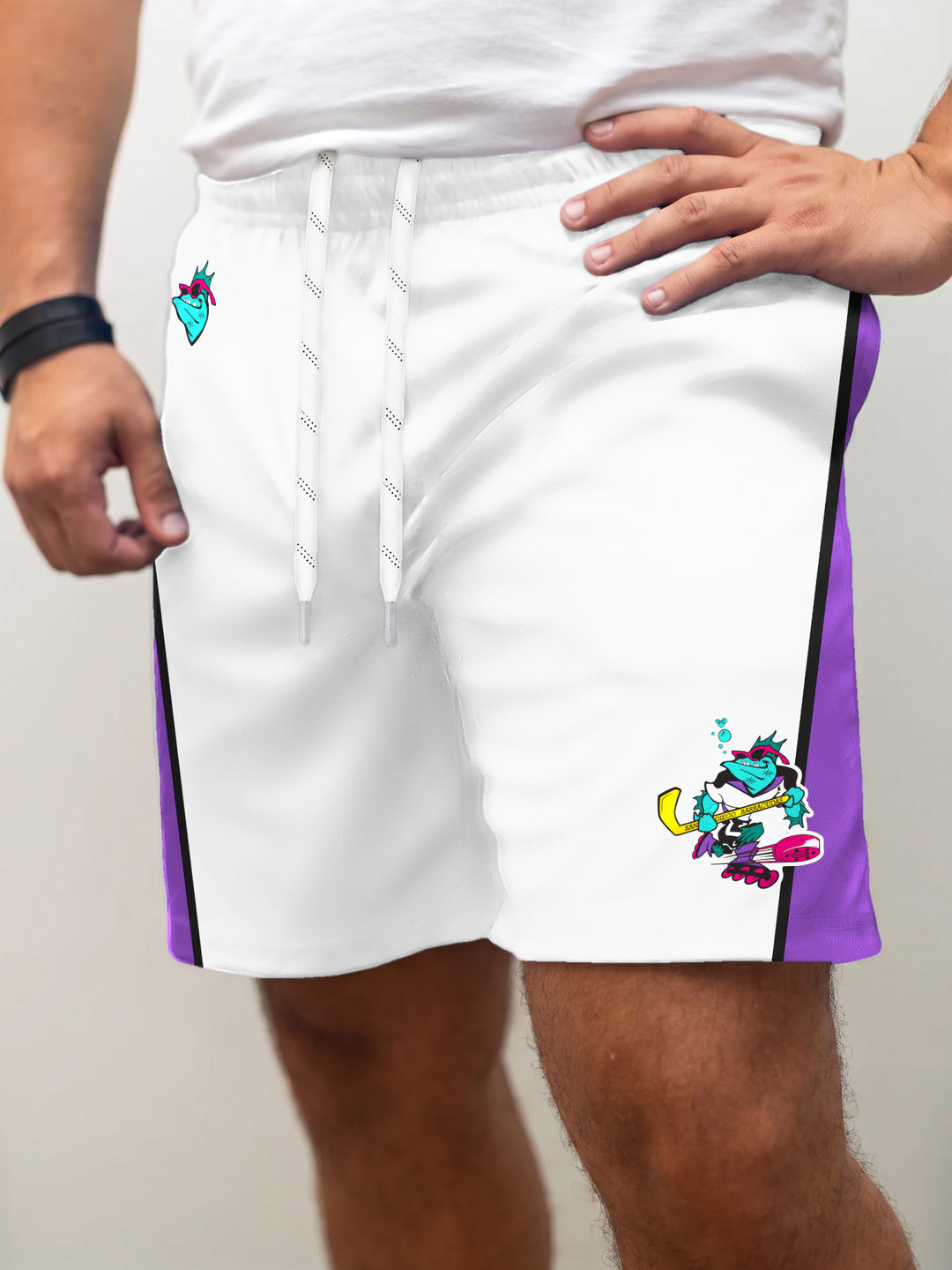 Model wearing the Bench Clearers San Diego Barracudas Away Hockey Shorts - front view