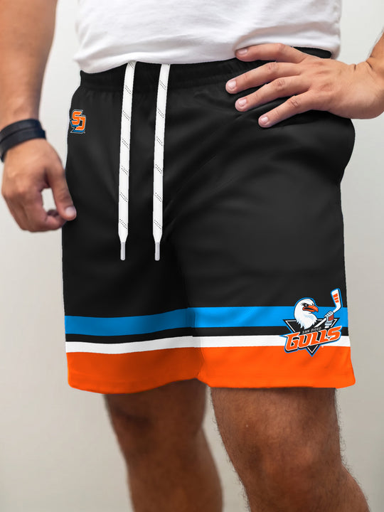 Model wearing the Bench Clearers San Diego Gulls Hockey Shorts - front view