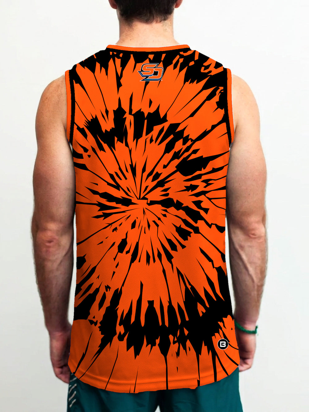 Model wearing the Bench Clearers San Diego Gulls Tie-Dye Hockey Tank - back view