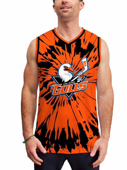 Model wearing the Bench Clearers San Diego Gulls Tie-Dye Hockey Tank - front view