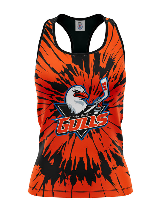 Bench Clearers San Diego Gulls Tie-Dye Women's Racerback Hockey Tank - 3D FRONT