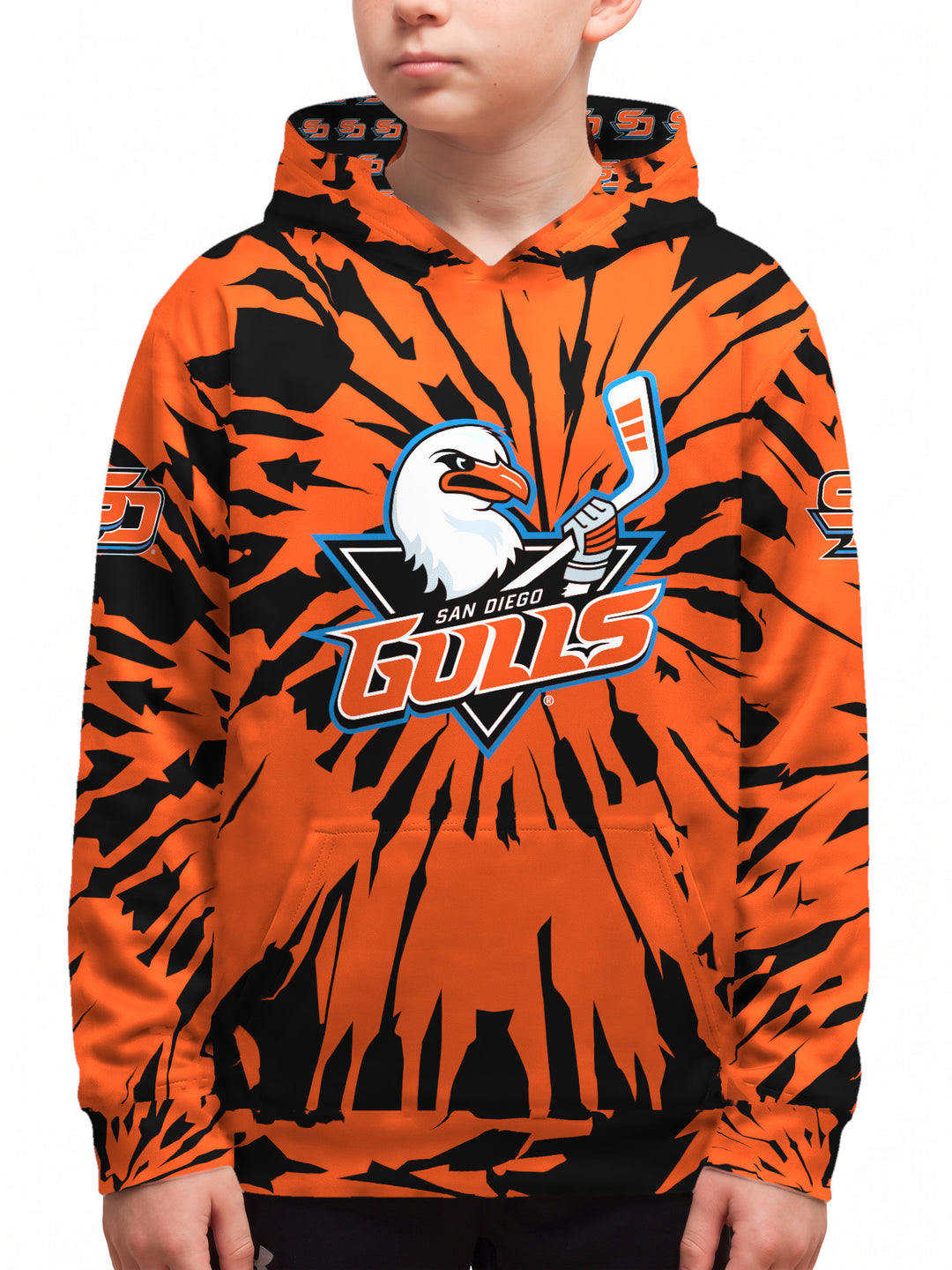 Youth model wearing the Bench Clearers San Diego Gulls Tie-Dye Youth Hockey Hoodie - front view
