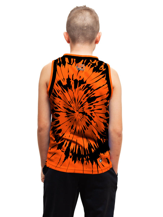 Youth model wearing the Bench Clearers San Diego Gulls Tie-Dye Youth Hockey Tank - back view