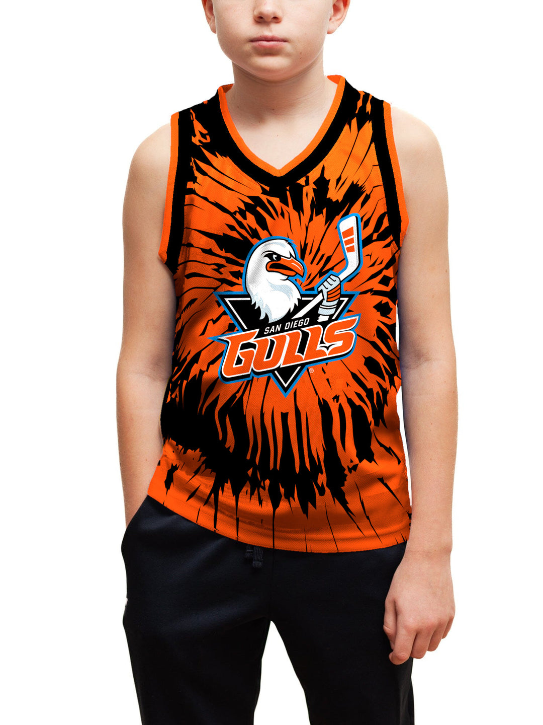 Youth model wearing the Bench Clearers San Diego Gulls Tie-Dye Youth Hockey Tank - front view, hand in pocket