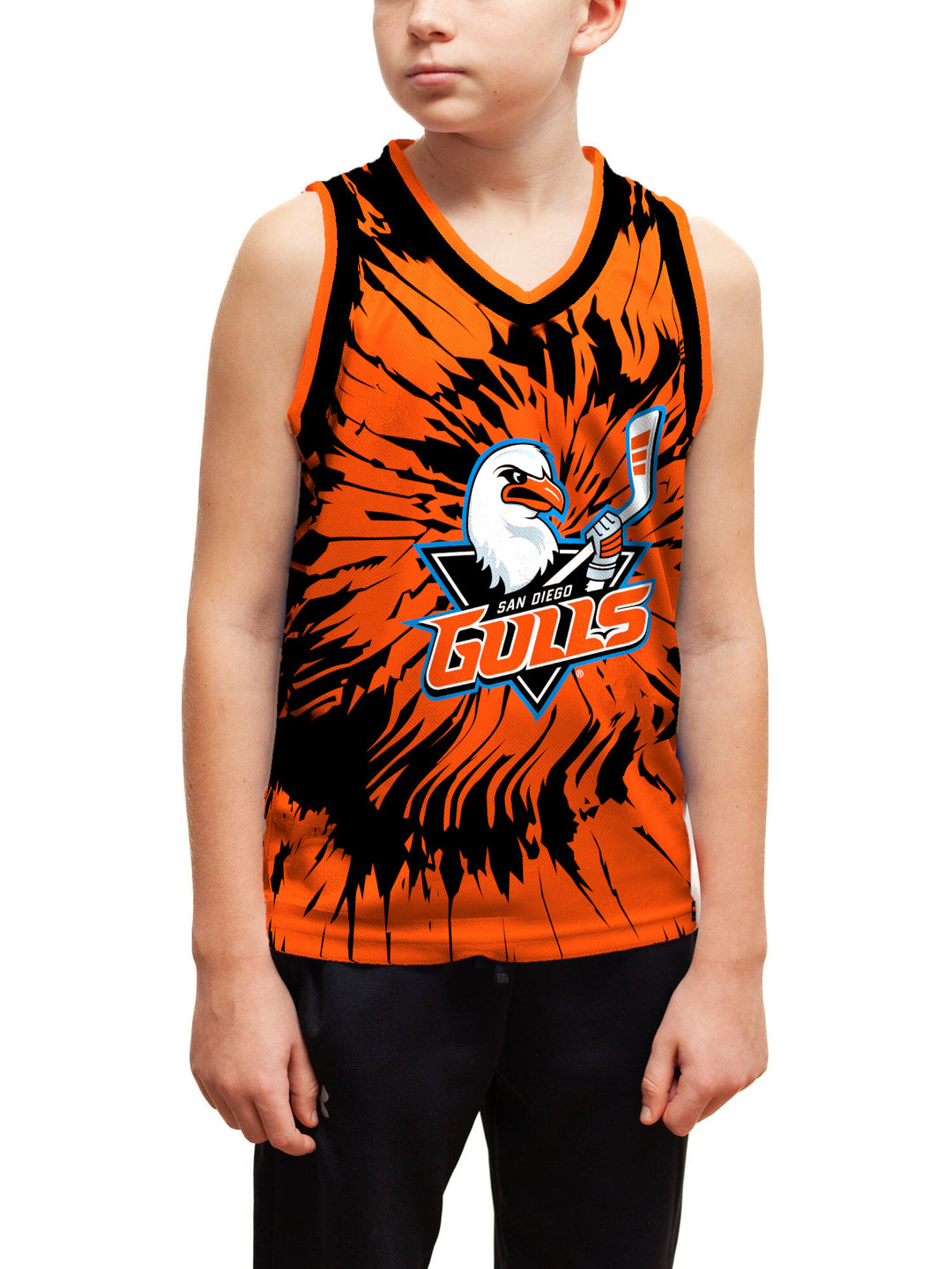 Youth model wearing the Bench Clearers San Diego Gulls Tie-Dye Youth Hockey Tank - front view