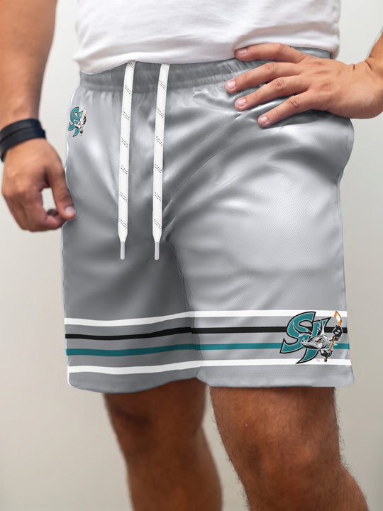 Model wearing the Bench Clearers San Jose Barracuda Hockey Shorts - front view