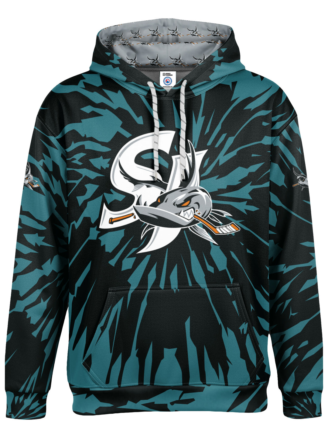 Bench Clearers San Jose Barracuda Tie-Dye Hockey Hoodie - 3D FRONT