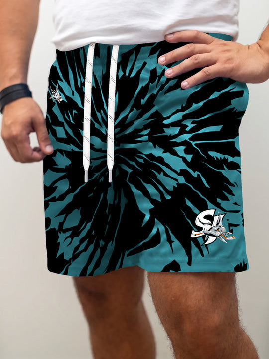 Model wearing the Bench Clearers San Jose Barracuda Tie-Dye Hockey Shorts - front view