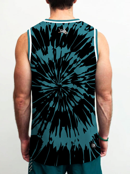 Model wearing the Bench Clearers San Jose Barracuda Tie-Dye Hockey Tank - back view