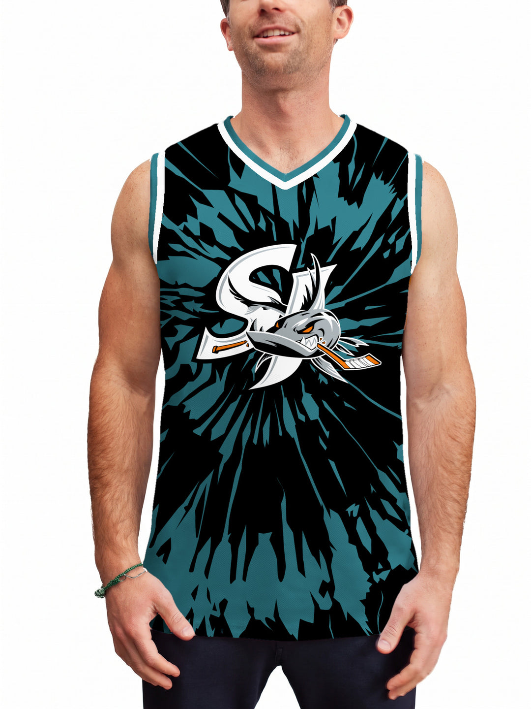 Model wearing the Bench Clearers San Jose Barracuda Tie-Dye Hockey Tank - front view