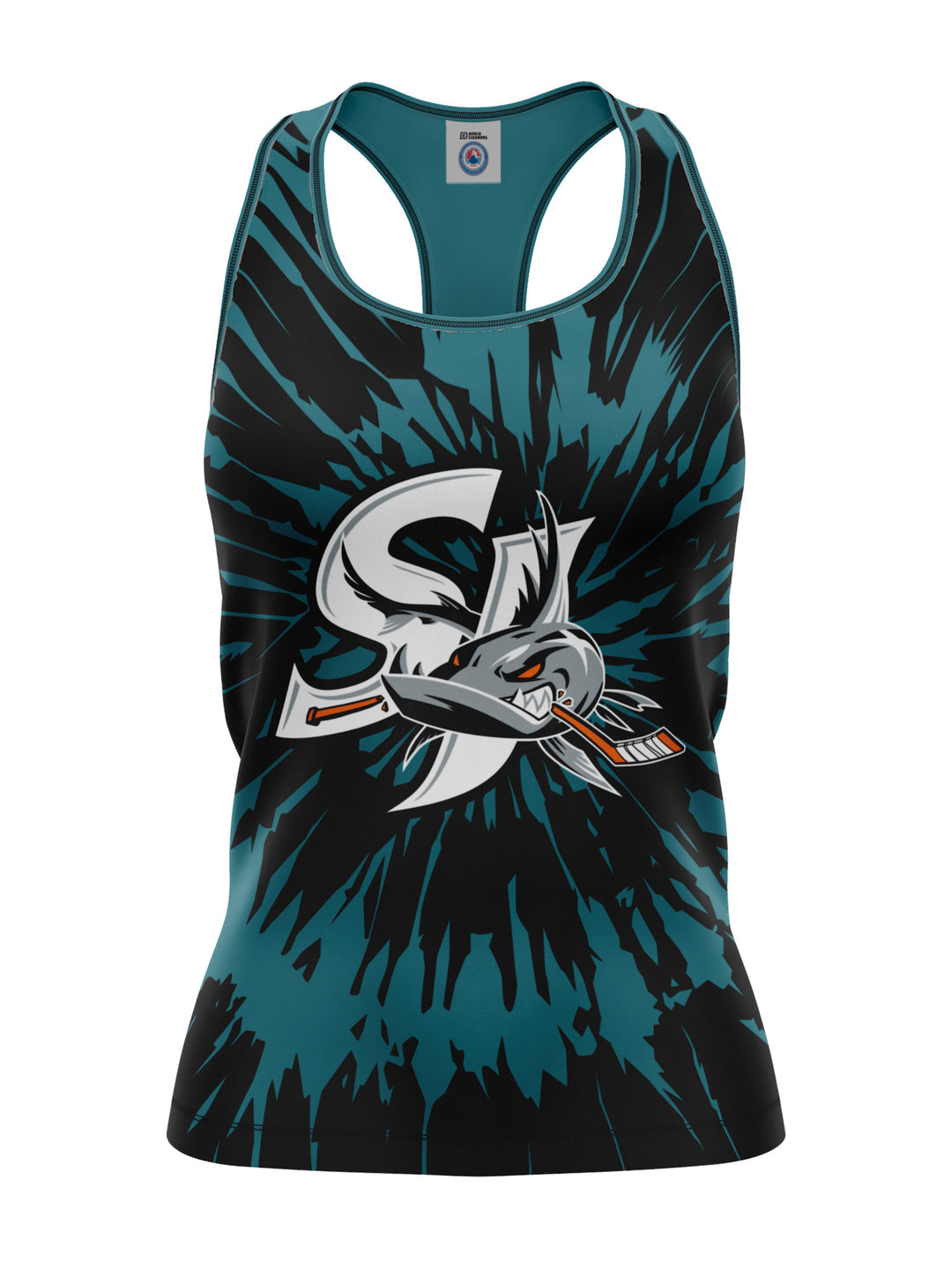 Bench Clearers San Jose Barracuda Tie-Dye Women's Racerback Hockey Tank - 3D FRONT