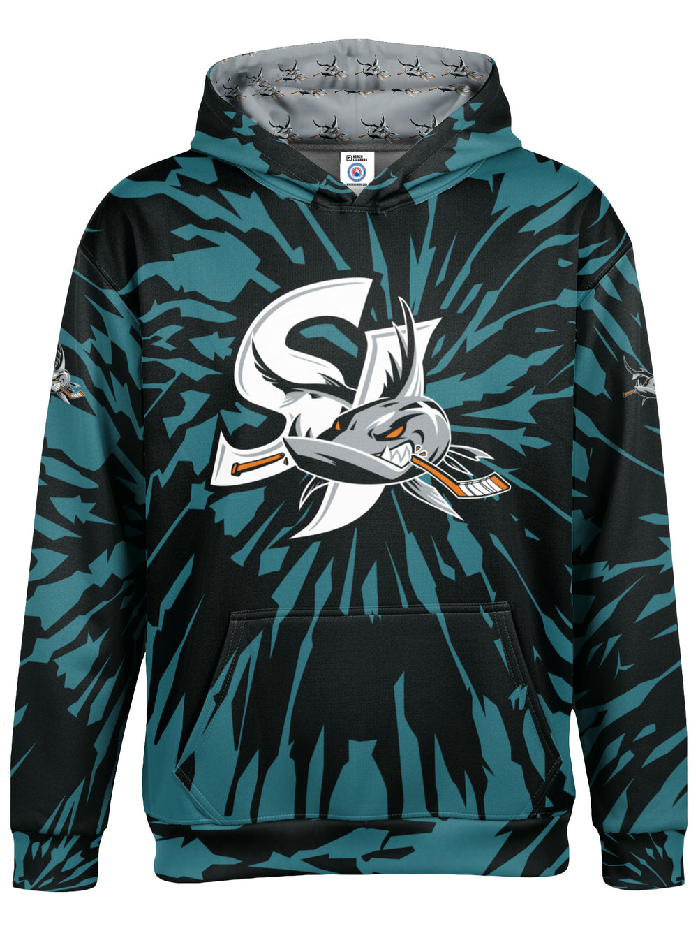 Bench Clearers San Jose Barracuda Tie-Dye Youth Hockey Hoodie - 3D FRONT