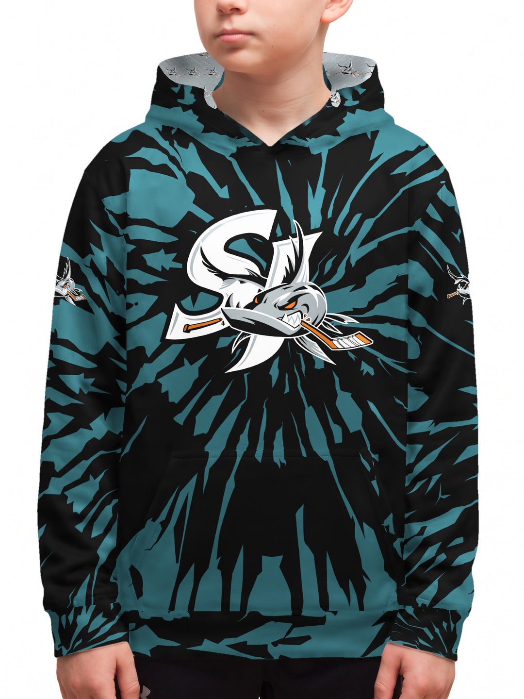 Youth model wearing the Bench Clearers San Jose Barracuda Tie-Dye Youth Hockey Hoodie - front view