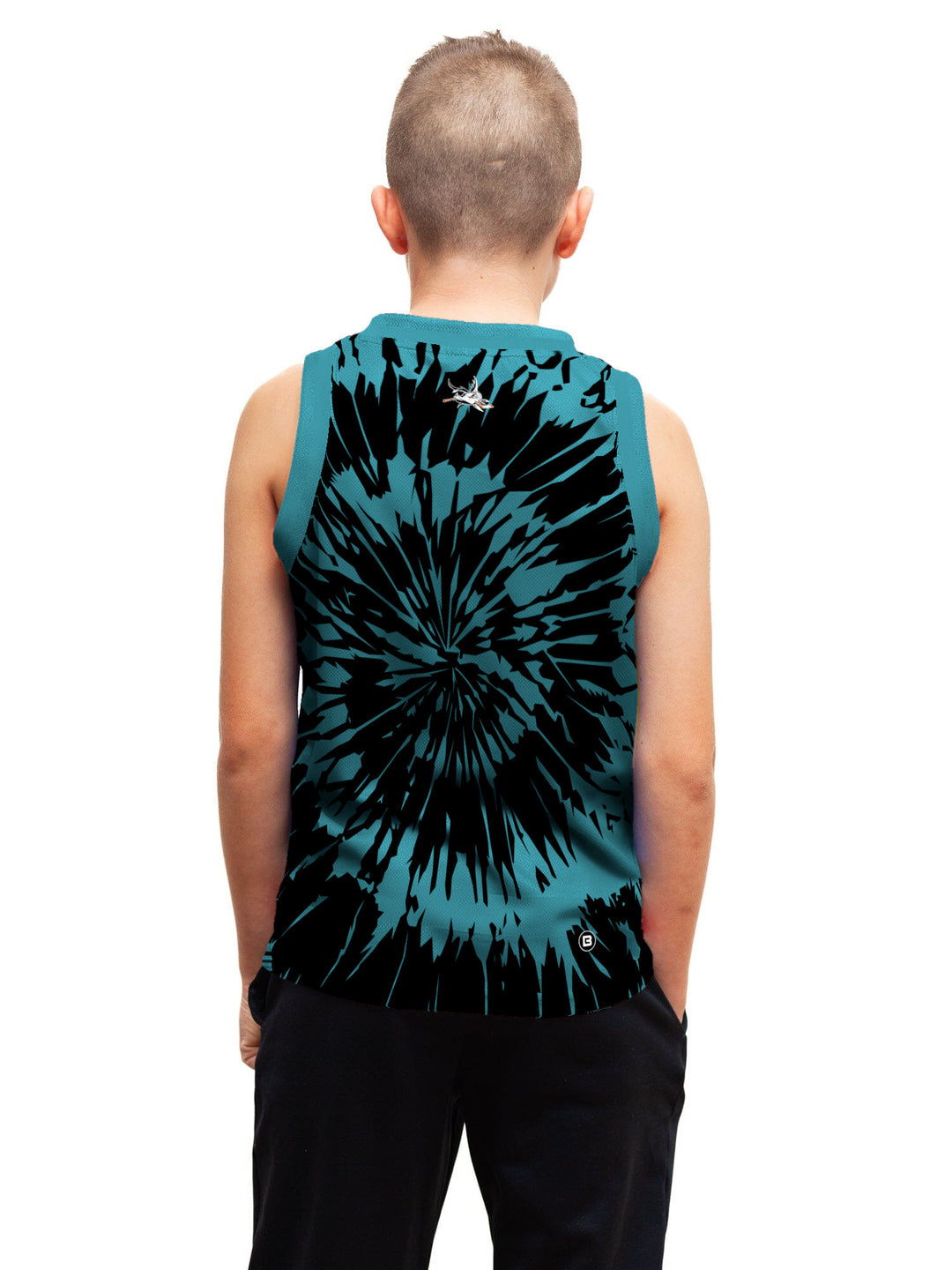Youth model wearing the Bench Clearers San Jose Barracuda Tie-Dye Youth Hockey Tank - back view