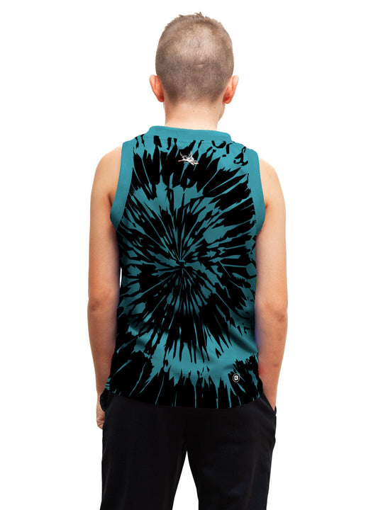 Youth model wearing the Bench Clearers San Jose Barracuda Tie-Dye Youth Hockey Tank - back view