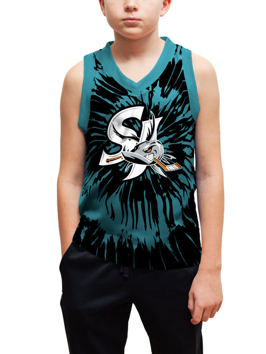 Youth model wearing the Bench Clearers San Jose Barracuda Tie-Dye Youth Hockey Tank - front view, hand in pocket