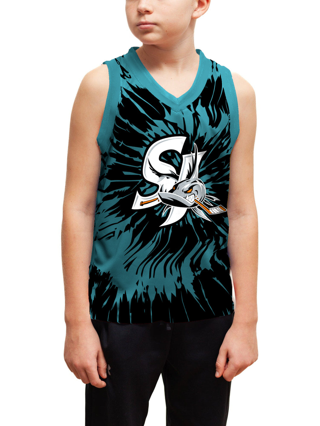 Youth model wearing the Bench Clearers San Jose Barracuda Tie-Dye Youth Hockey Tank - front view
