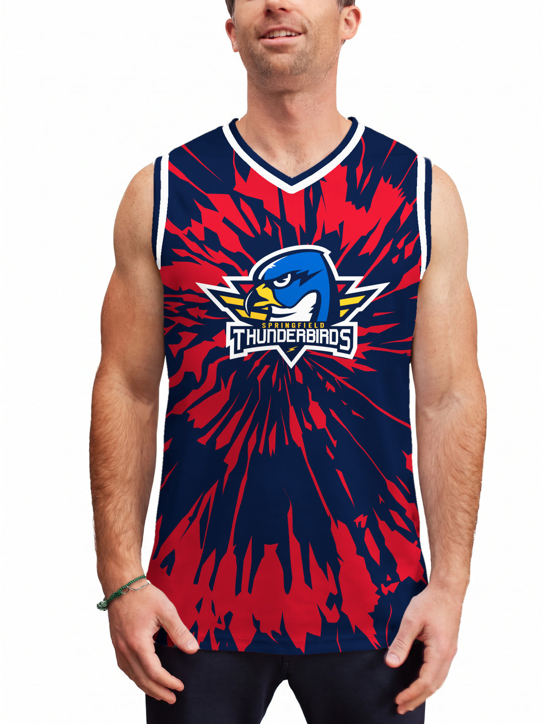 Model wearing the Bench Clearers Springfield Thunderbirds Tie-Dye Hockey Tank - front view
