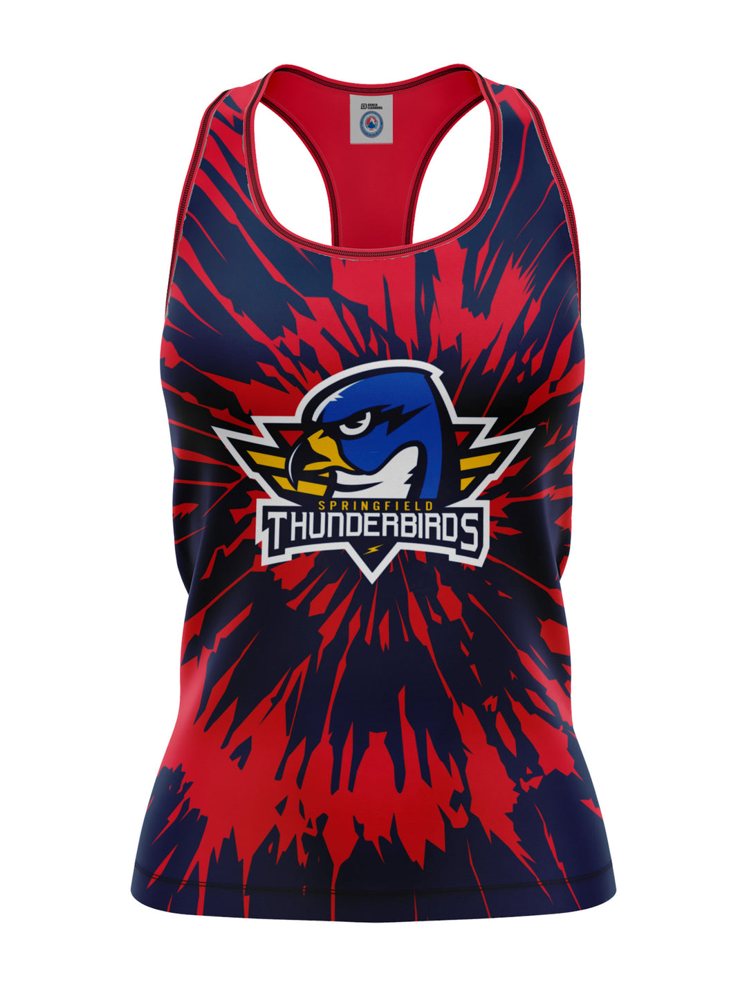 Bench Clearers Springfield Thunderbirds Tie-Dye Women's Racerback Hockey Tank - 3D FRONT