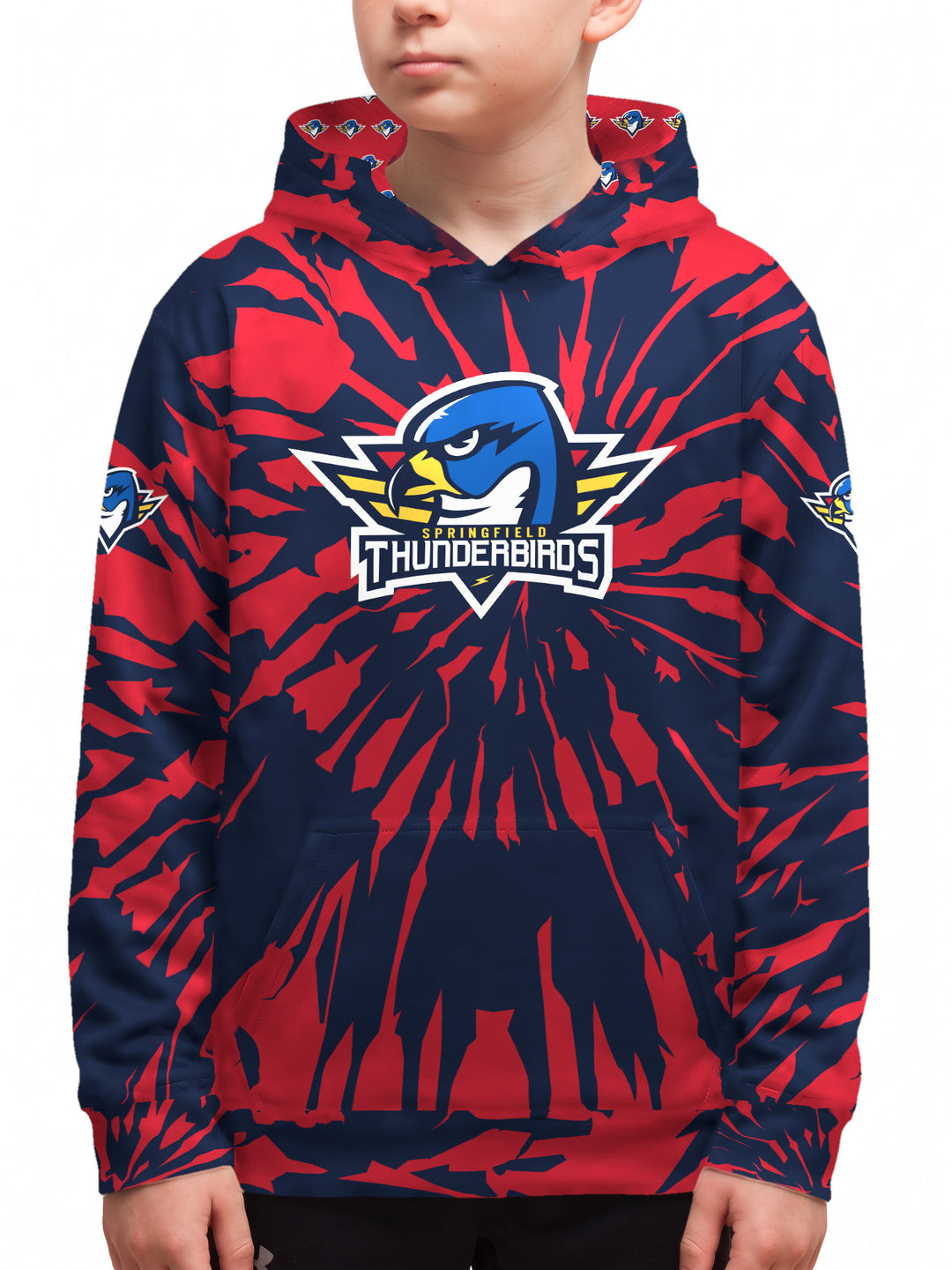 Youth model wearing the Bench Clearers Springfield Thunderbirds Tie-Dye Youth Hockey Hoodie - front view