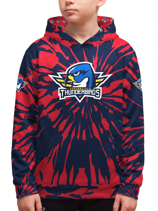 Youth model wearing the Bench Clearers Springfield Thunderbirds Tie-Dye Youth Hockey Hoodie - front view