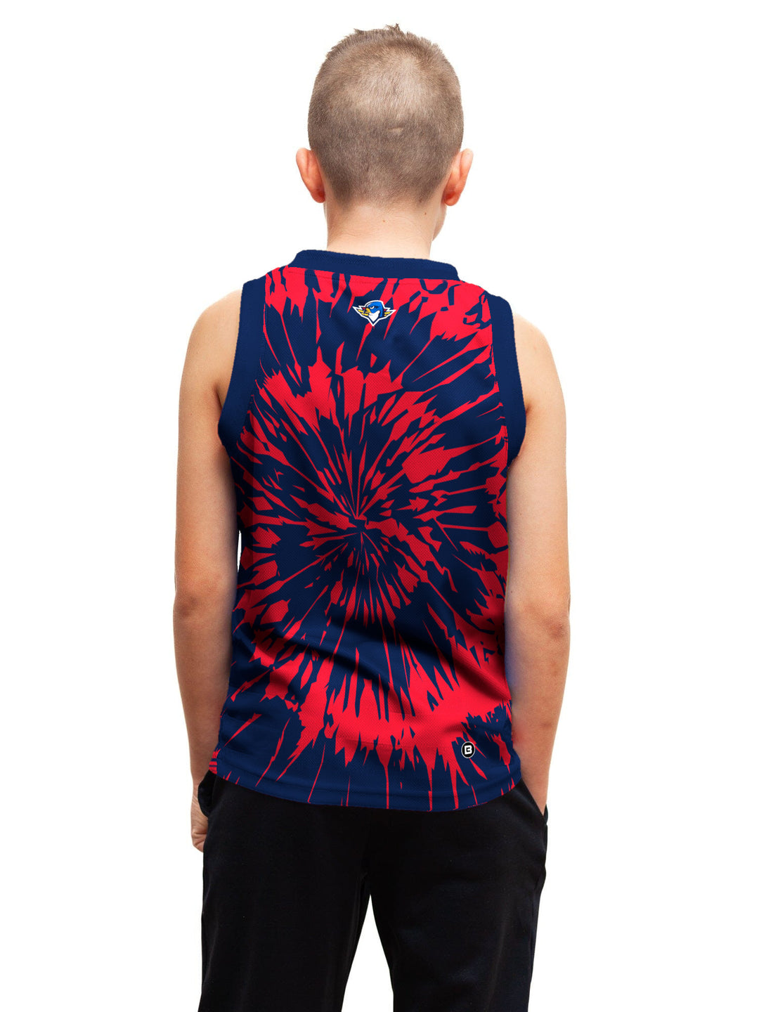 Youth model wearing the Bench Clearers Springfield Thunderbirds Tie-Dye Youth Hockey Tank - back view