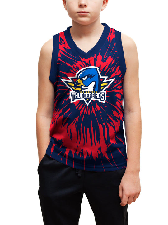 Youth model wearing the Bench Clearers Springfield Thunderbirds Tie-Dye Youth Hockey Tank - front view, hand in pocket