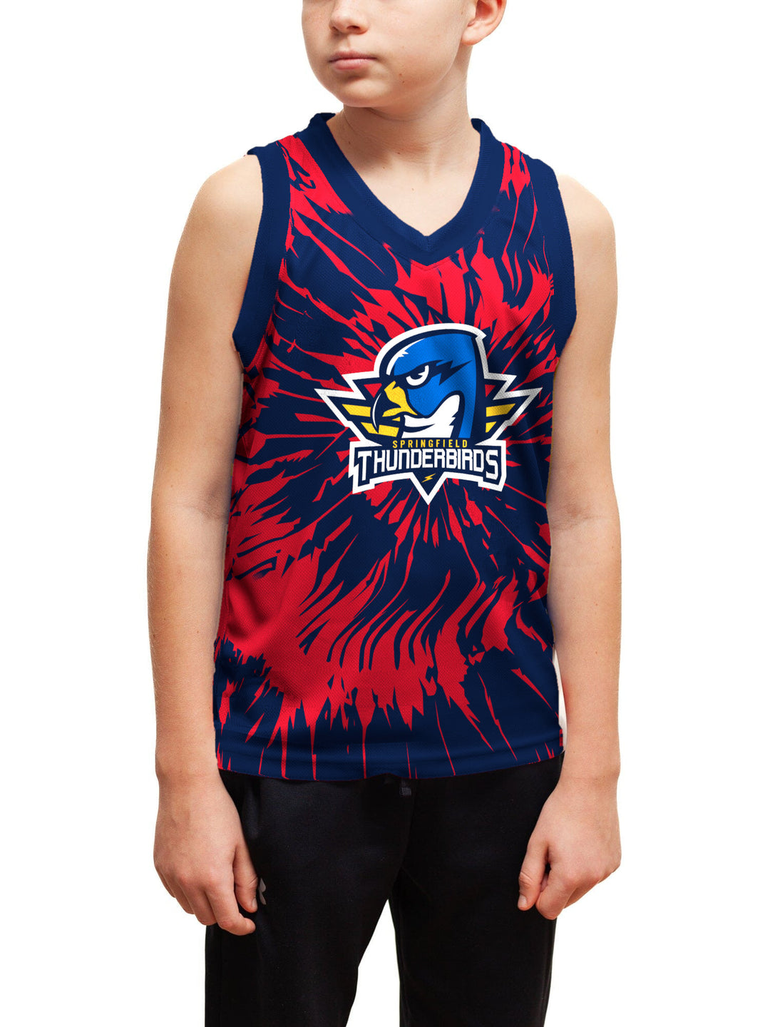 Youth model wearing the Bench Clearers Springfield Thunderbirds Tie-Dye Youth Hockey Tank - front view