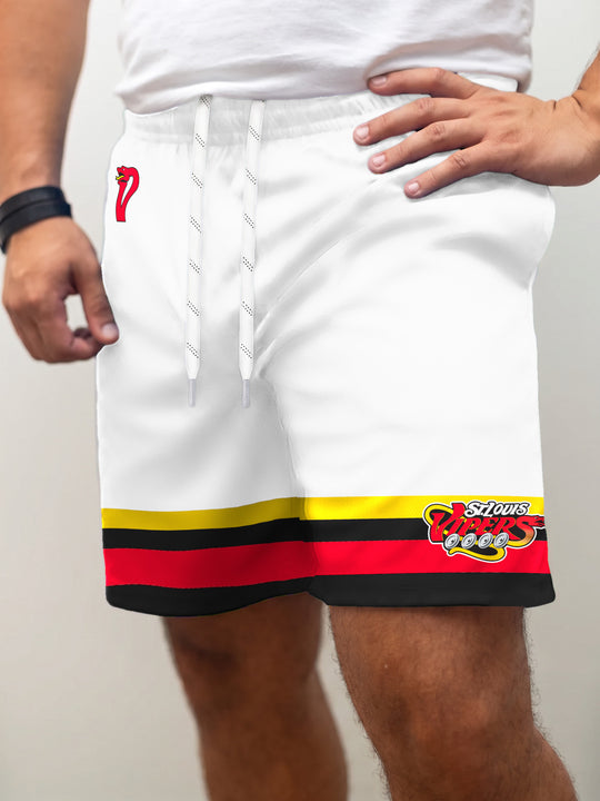 Model wearing the Bench Clearers St. Louis Vipers Away Hockey Shorts - front view