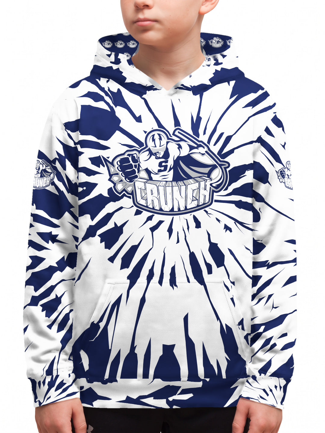 Youth model wearing the Bench Clearers Syracuse Crunch Tie-Dye Youth Hockey Hoodie - front view