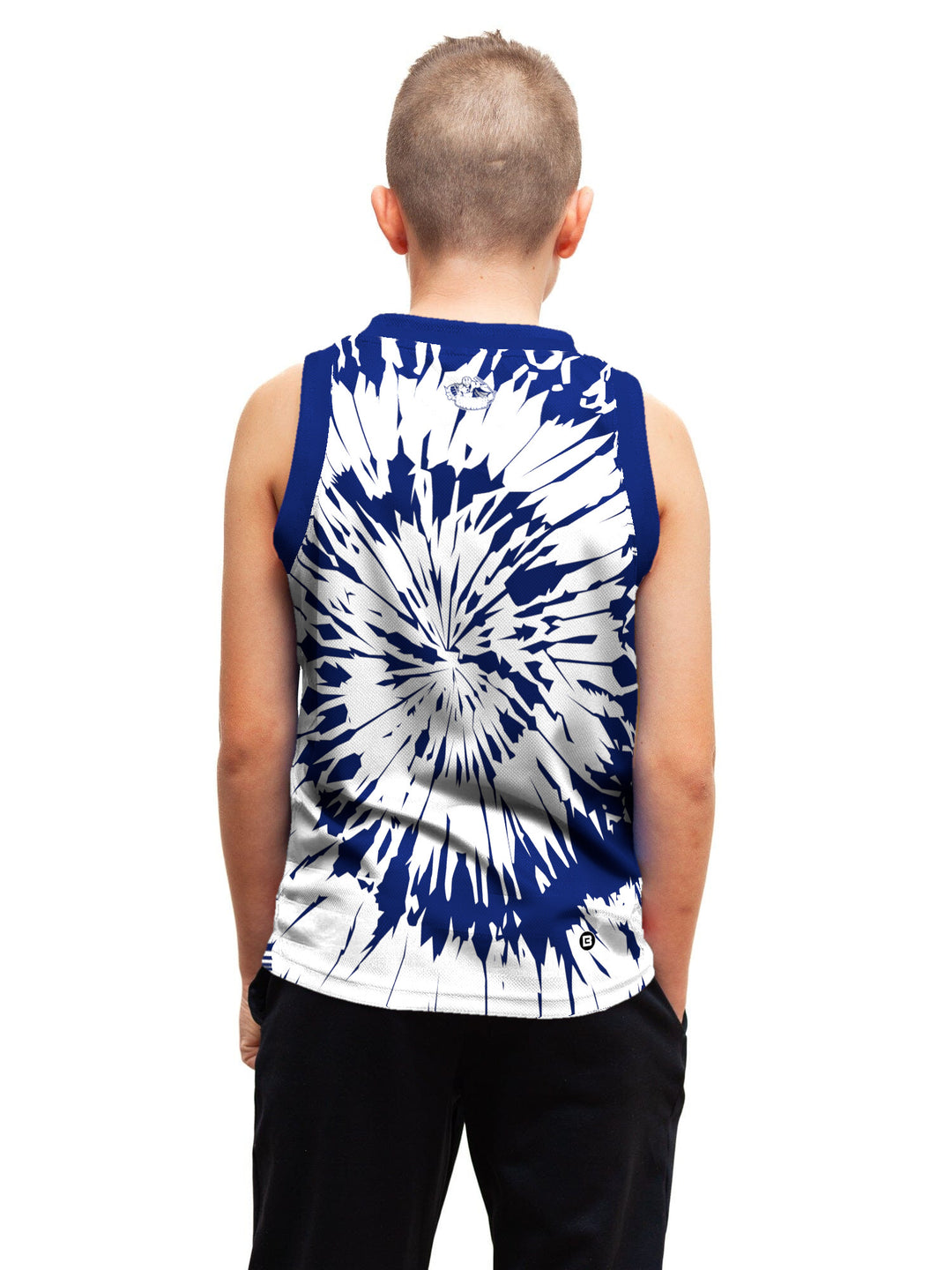 Youth model wearing the Bench Clearers Syracuse Crunch Tie-Dye Youth Hockey Tank - back view
