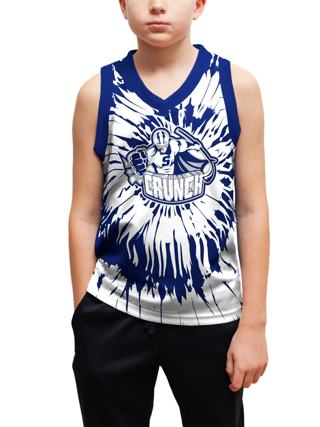 Youth model wearing the Bench Clearers Syracuse Crunch Tie-Dye Youth Hockey Tank - front view, hand in pocket