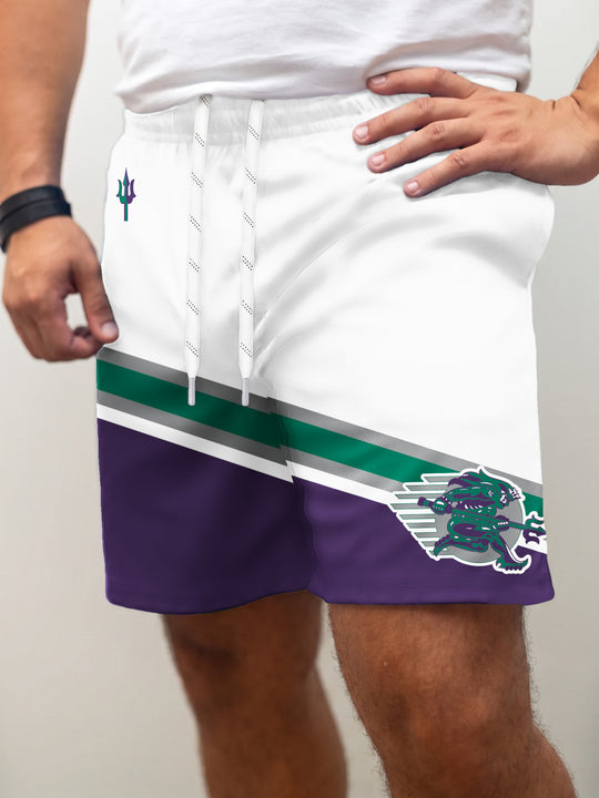 Model wearing the Bench Clearers Tampa Bay Tritons Away Hockey Shorts - front view