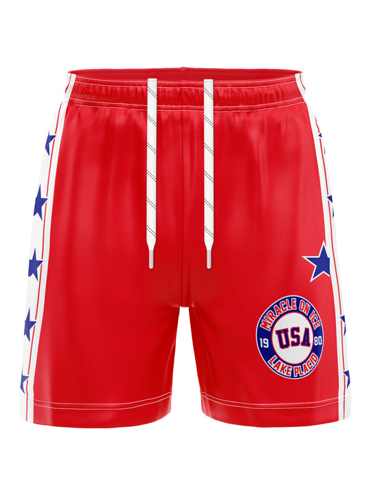 Bench Clearers USA Hockey Miracle on Ice 1980 Red Hockey Shorts - 3D FRONT
