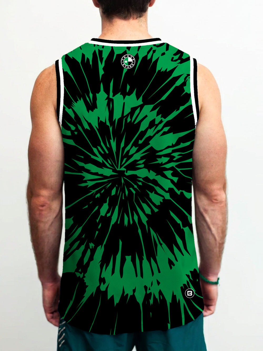 Model wearing the Bench Clearers Texas Stars Tie-Dye Hockey Tank - back view
