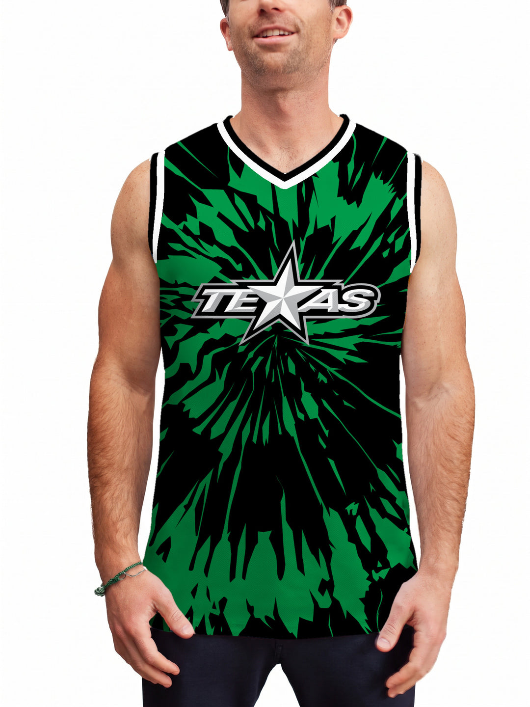 Model wearing the Bench Clearers Texas Stars Tie-Dye Hockey Tank - front view
