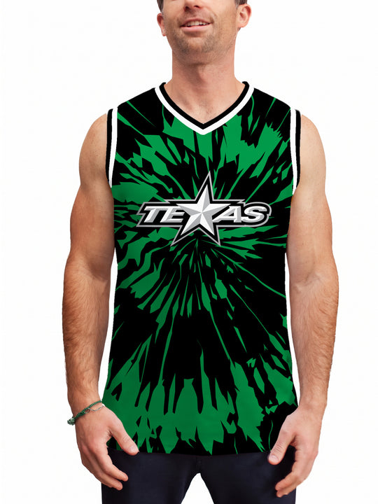 Model wearing the Bench Clearers Texas Stars Tie-Dye Hockey Tank - front view