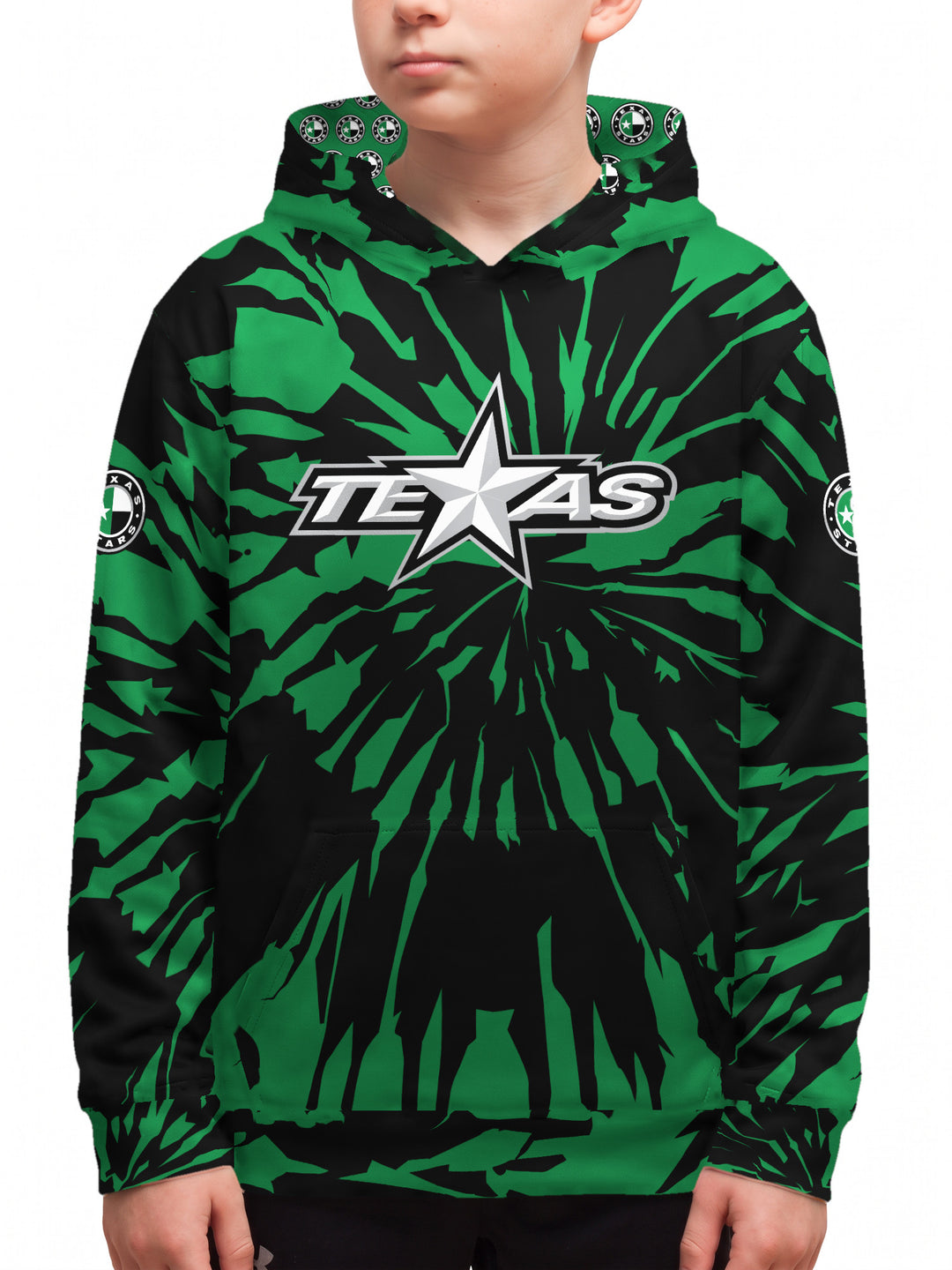 Youth model wearing the Bench Clearers Texas Stars Tie-Dye Youth Hockey Hoodie - front view
