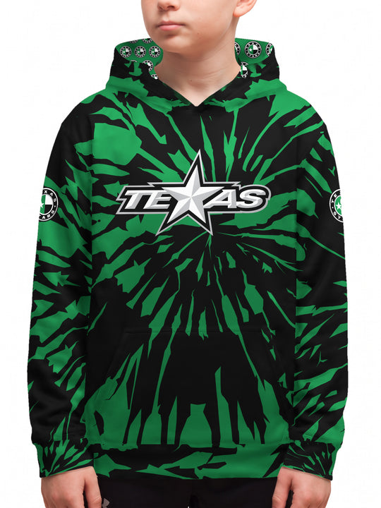 Youth model wearing the Bench Clearers Texas Stars Tie-Dye Youth Hockey Hoodie - front view