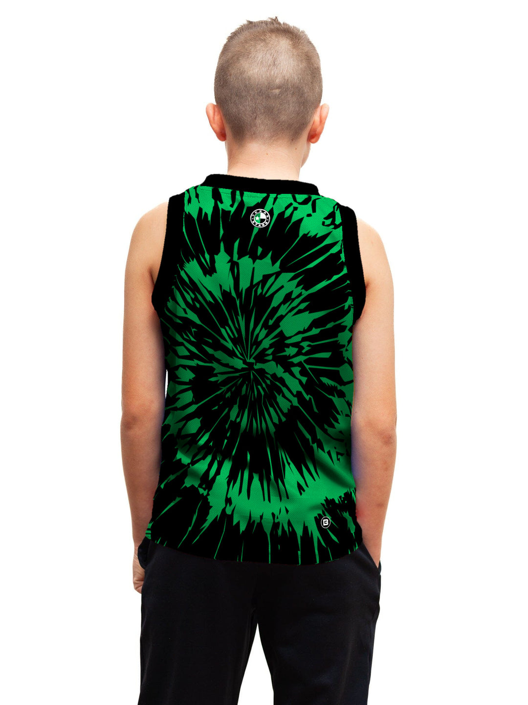 Youth model wearing the Bench Clearers Texas Stars Tie-Dye Youth Hockey Tank - back view