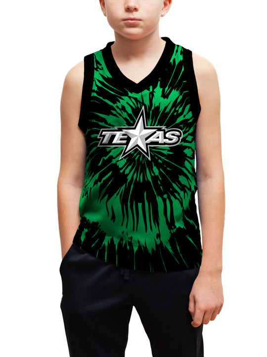 Youth model wearing the Bench Clearers Texas Stars Tie-Dye Youth Hockey Tank - front view, hand in pocket
