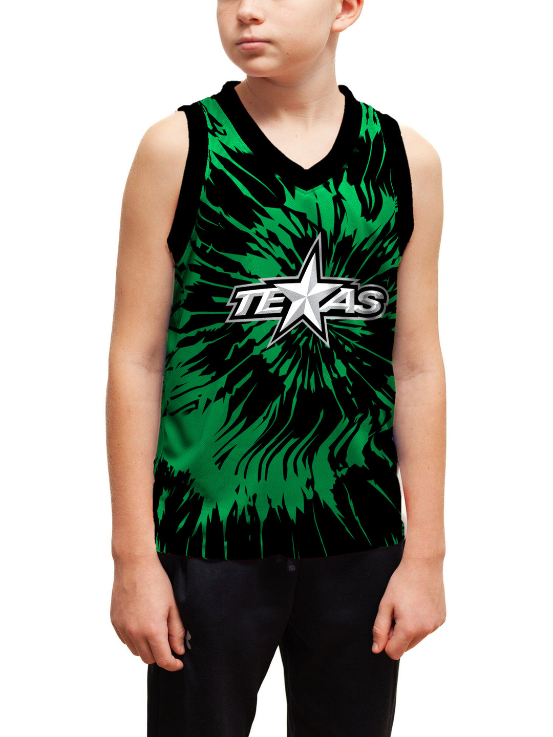Youth model wearing the Bench Clearers Texas Stars Tie-Dye Youth Hockey Tank - front view