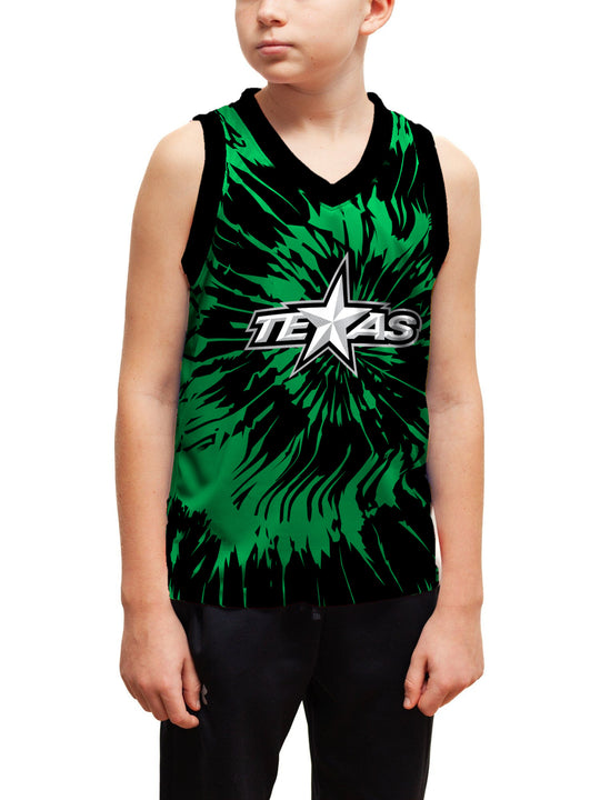 Youth model wearing the Bench Clearers Texas Stars Tie-Dye Youth Hockey Tank - front view