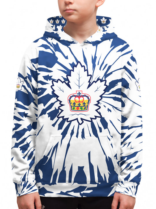 Youth model wearing the Bench Clearers Toronto Marlies Tie-Dye Youth Hockey Hoodie - front view