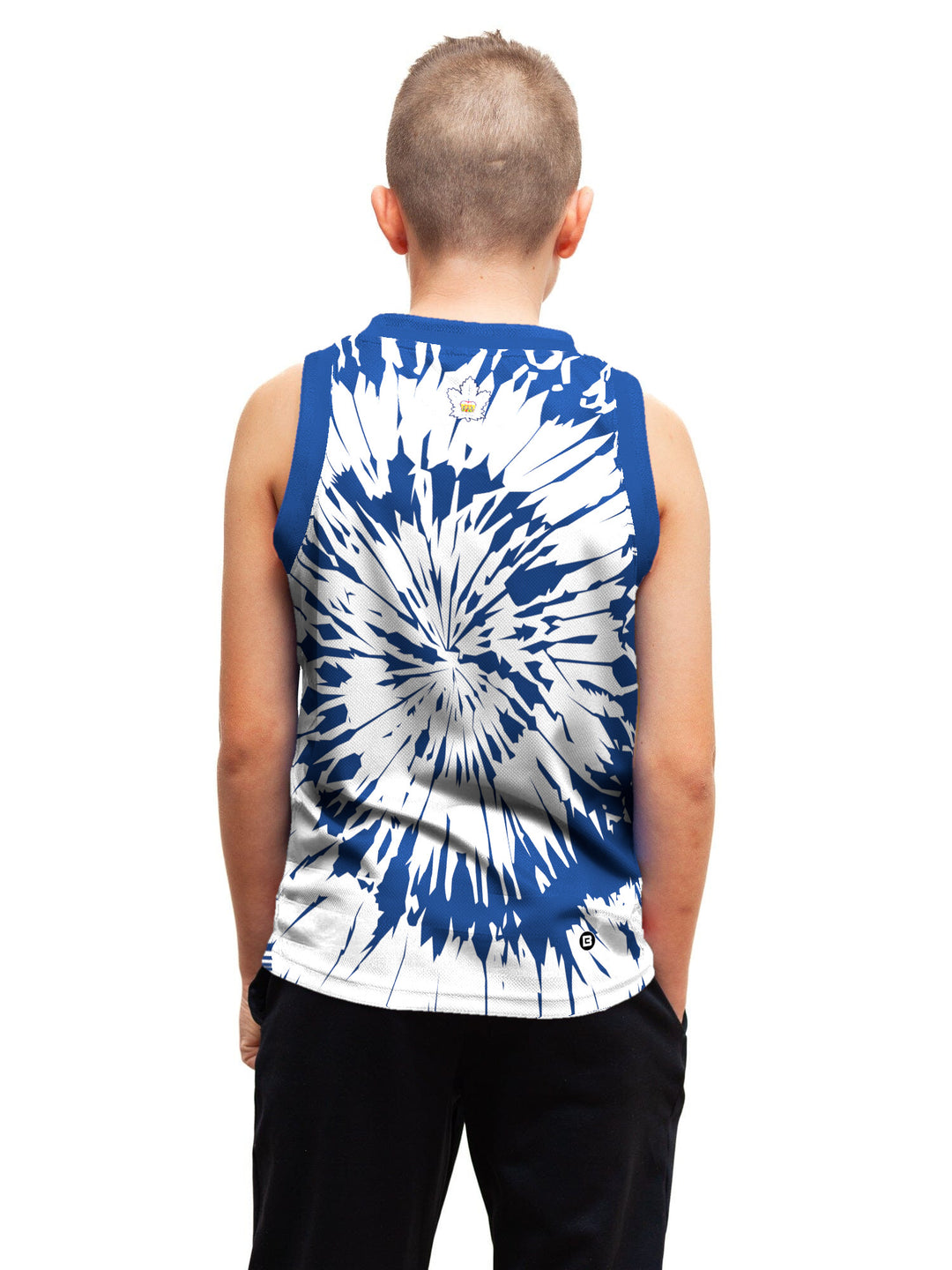 Youth model wearing the Bench Clearers Toronto Marlies Tie-Dye Youth Hockey Tank - back view