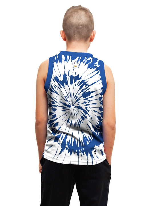 Youth model wearing the Bench Clearers Toronto Marlies Tie-Dye Youth Hockey Tank - back view