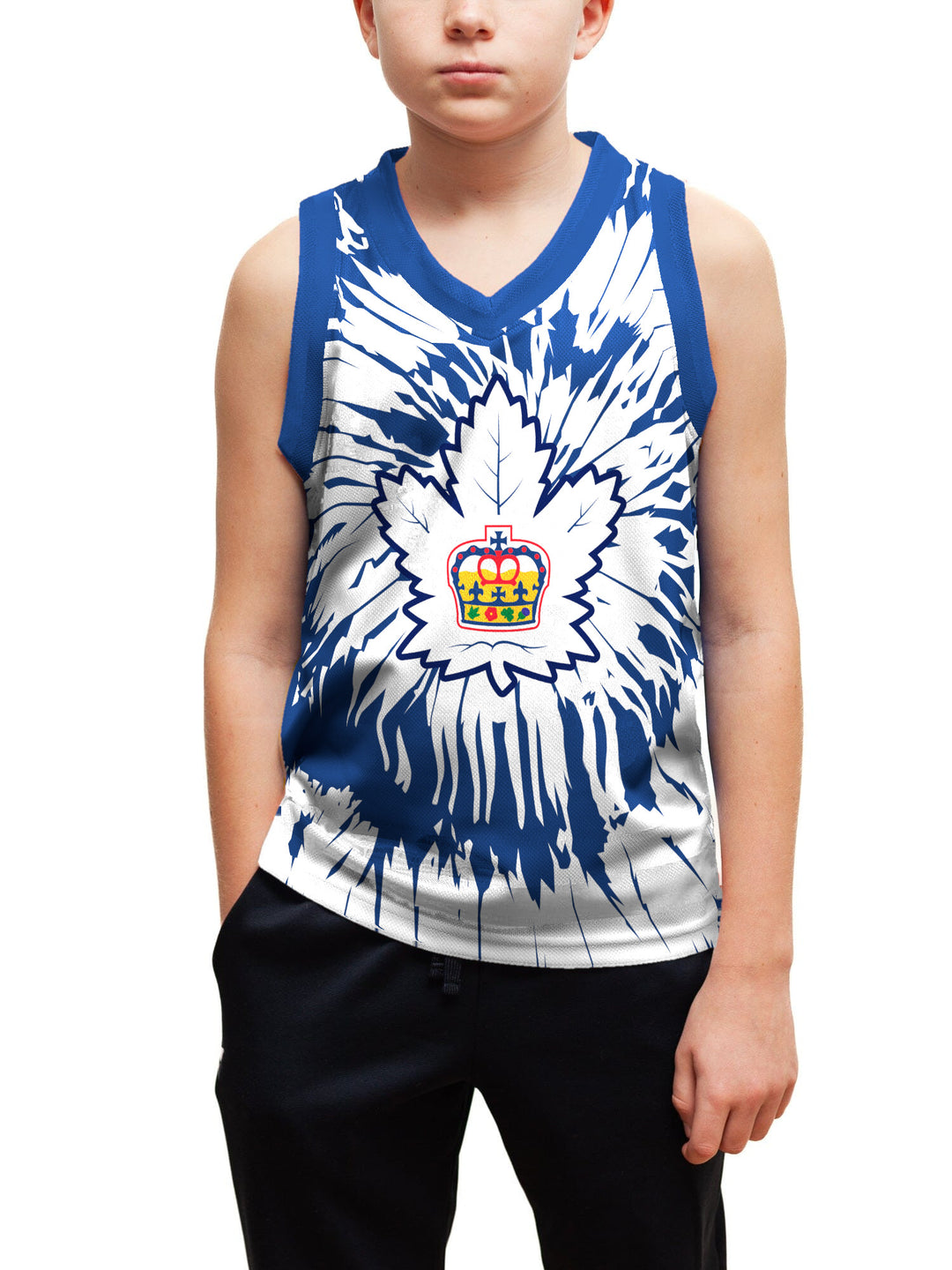 Youth model wearing the Bench Clearers Toronto Marlies Tie-Dye Youth Hockey Tank - front view, hand in pocket